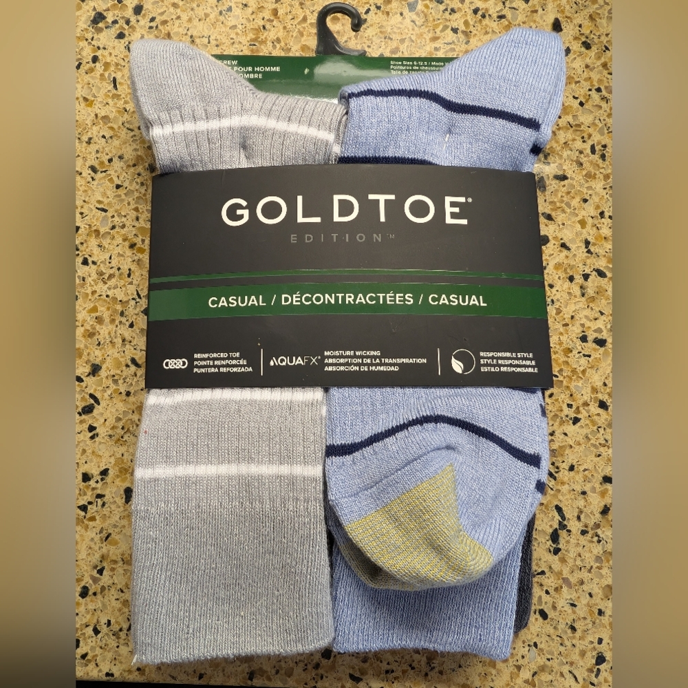 Gold Toe Crew Socks, Men's, 6 Pack, Blue, Gray, Taupe, Stripes, NWT, NEW Goldtoe